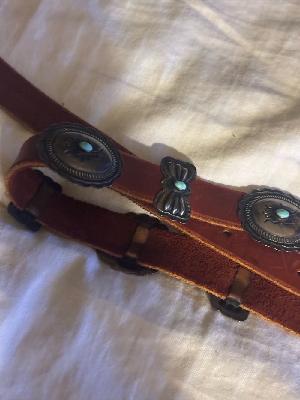 Women's Brown Leather Concho Belt with Turquoise Accents sterling and turquoise